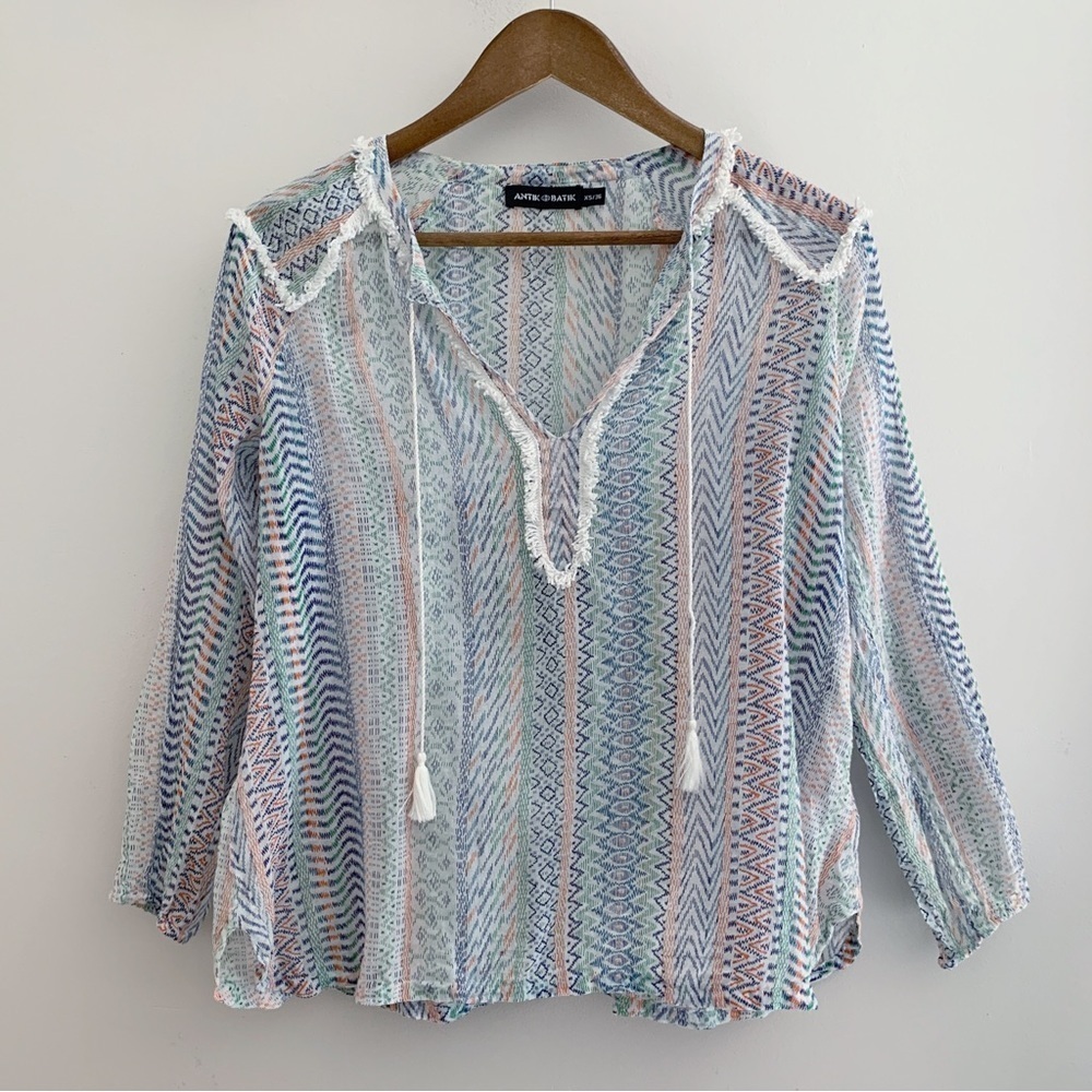 Antik Batik Cotton Voile Ikat Stripe Blouse Sz 36 XS Coastal Summer